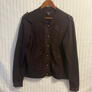 Military Style Knit Jacket Cotton Blend Cardigan • Brass Button Epaulet Sweater
